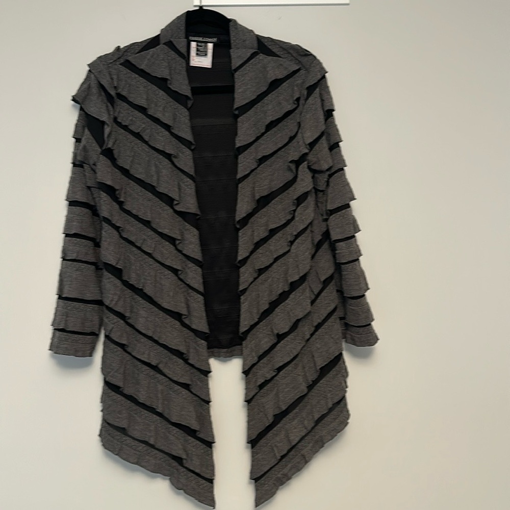 Frank Lyman Women’s Canada Mesh Gray Ruffled Draped Open Cardigan Size 6